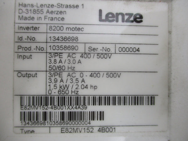 LENZE E82MV152-4B001 400/500V 3.9A/3.5A UNMP