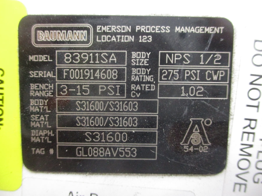 BAUMANN 83911SA 3-15PSI 1/2" UNMP