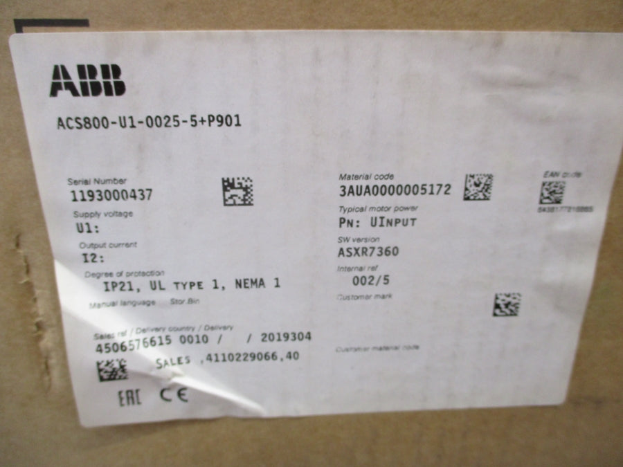 ABB ACS800-U1-0025-5+P901 380-480V 31A NSMP