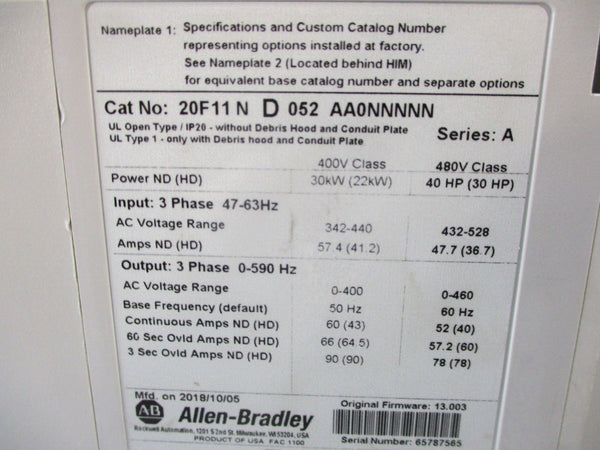 INDUSTRIAL SPARE PART 20F11ND052AA0NNNNN SER. A 432-528VAC 47.7A F/W 13.003 UNMP