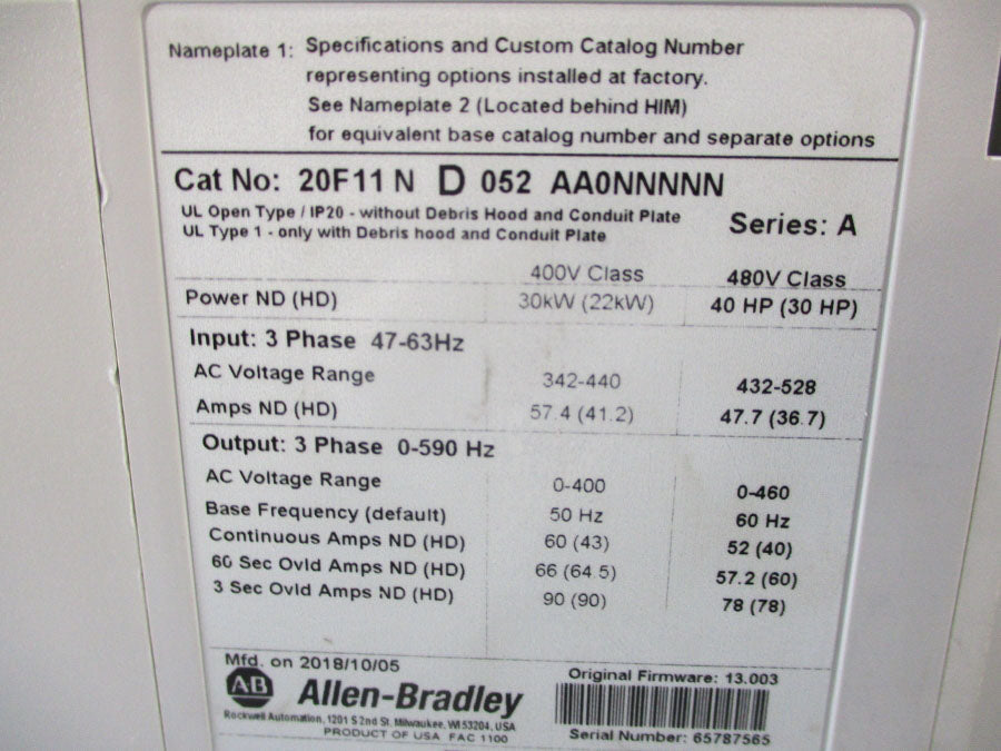 INDUSTRIAL SPARE PART 20F11ND052AA0NNNNN SER. A 432-528VAC 47.7A F/W 13.003 UNMP