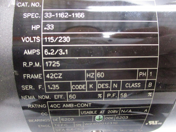 BALDOR 33-1162-1166 115/230V 6.2/3.1A (AS PICTURED) UNMP