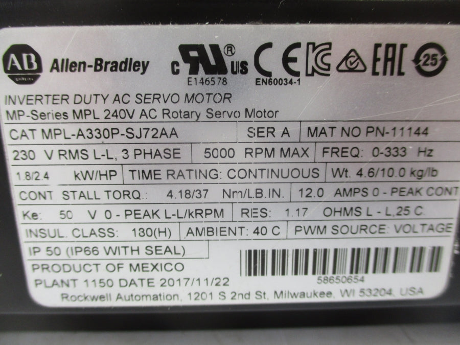 INDUSTRIAL SPARE PART MPL-A330P-SJ72AA SER. A 240VAC 12A NSNP