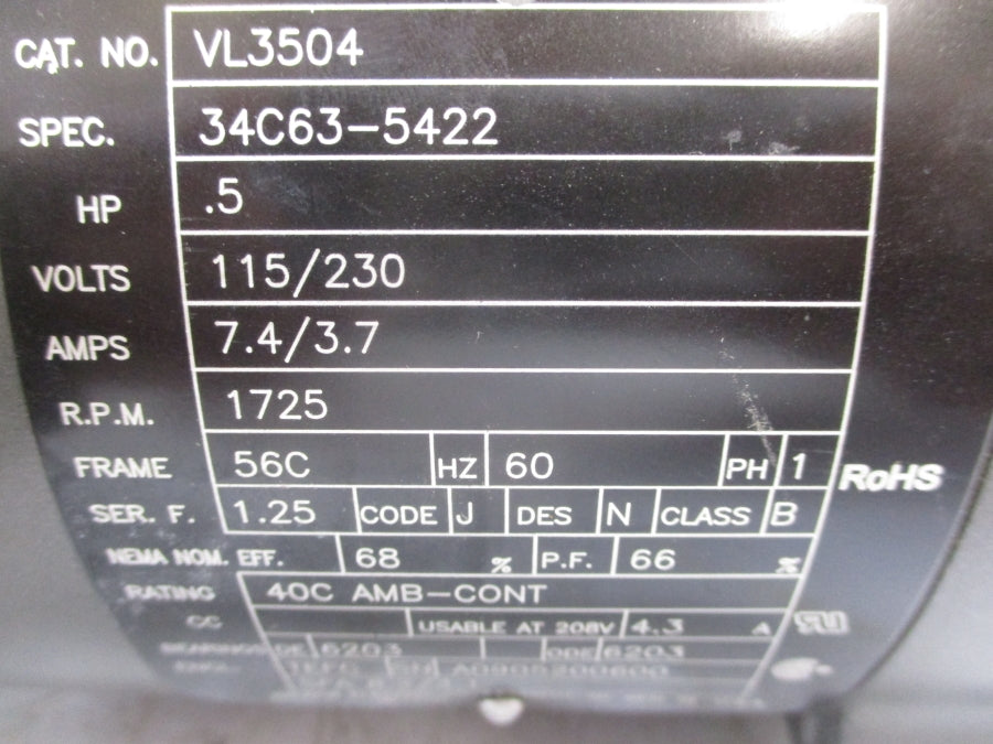 BALDOR VL3504 34C63-5422 115/230V 7.4/3.7A REMAN