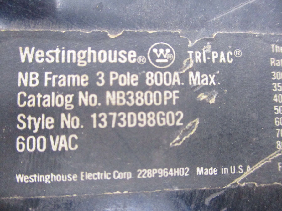 WESTINGHOUSE NB3800PF 1373D98G02 600VAC 800A (AS PICTURED) UNMP