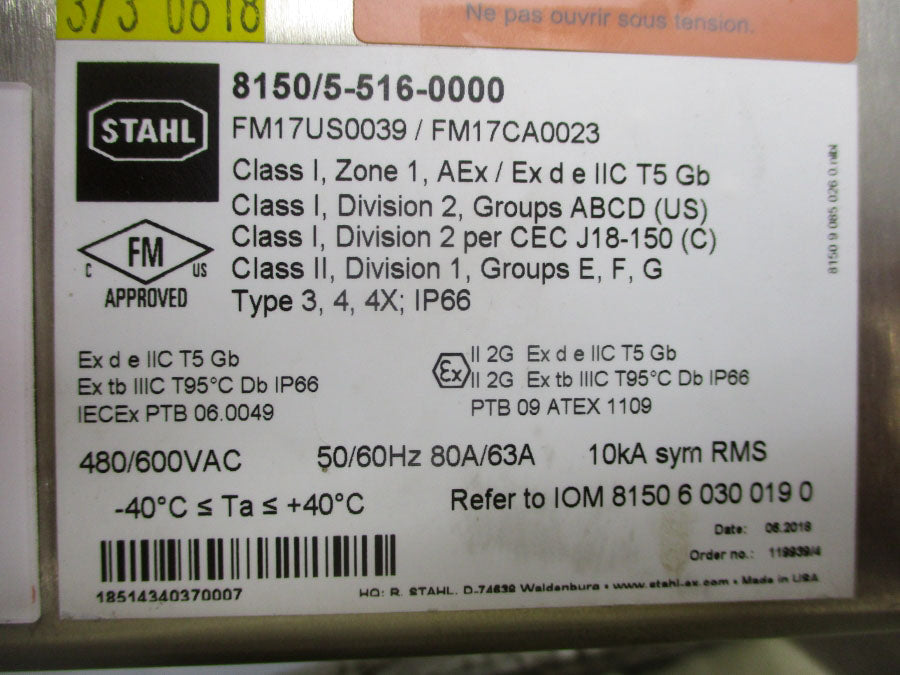 STAHL 8150/5-516-0000 480/600VAC 80/63A UNMP