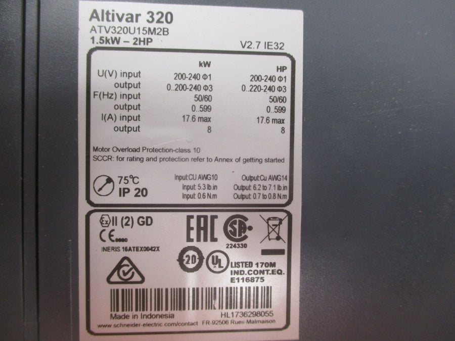 SCHNEIDER ELECTRIC ATV320U15M2B 200-240V 17.6A (AS PICTURED) NSNP
