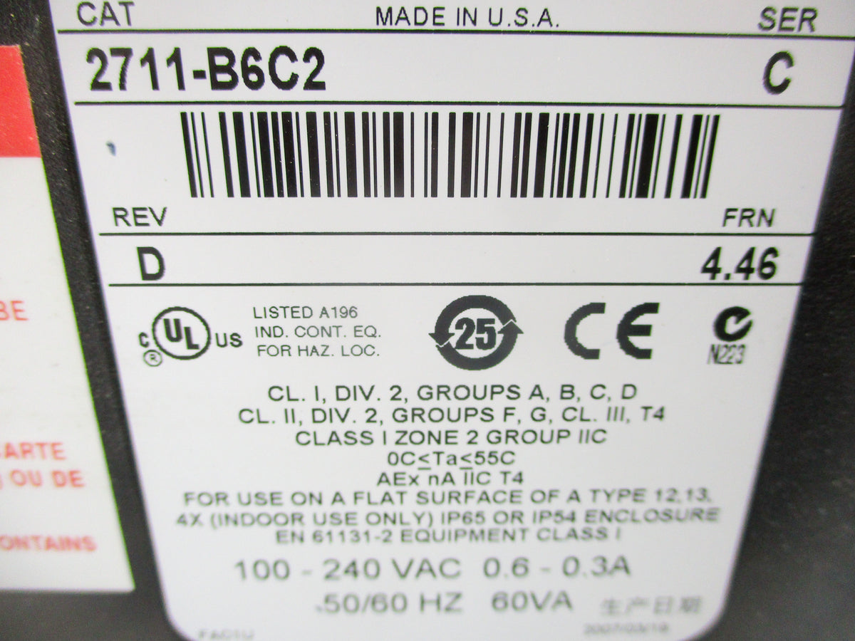 INDUSTRIAL SPARE PART 2711-B6C2 SER. C REV. D 100-240VAC .6-.3A F/W 4.46 NSNP