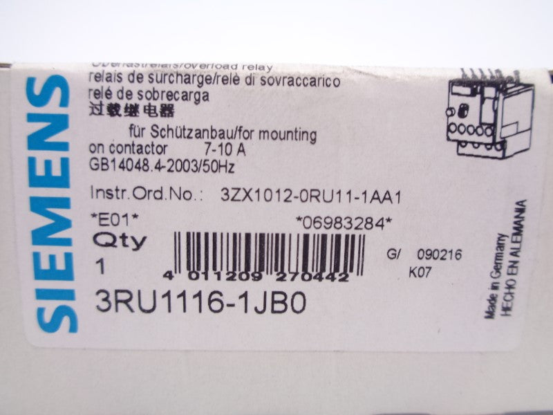 SIEMENS 3RU1116-1JB0 600VAC 7-10A NSMP