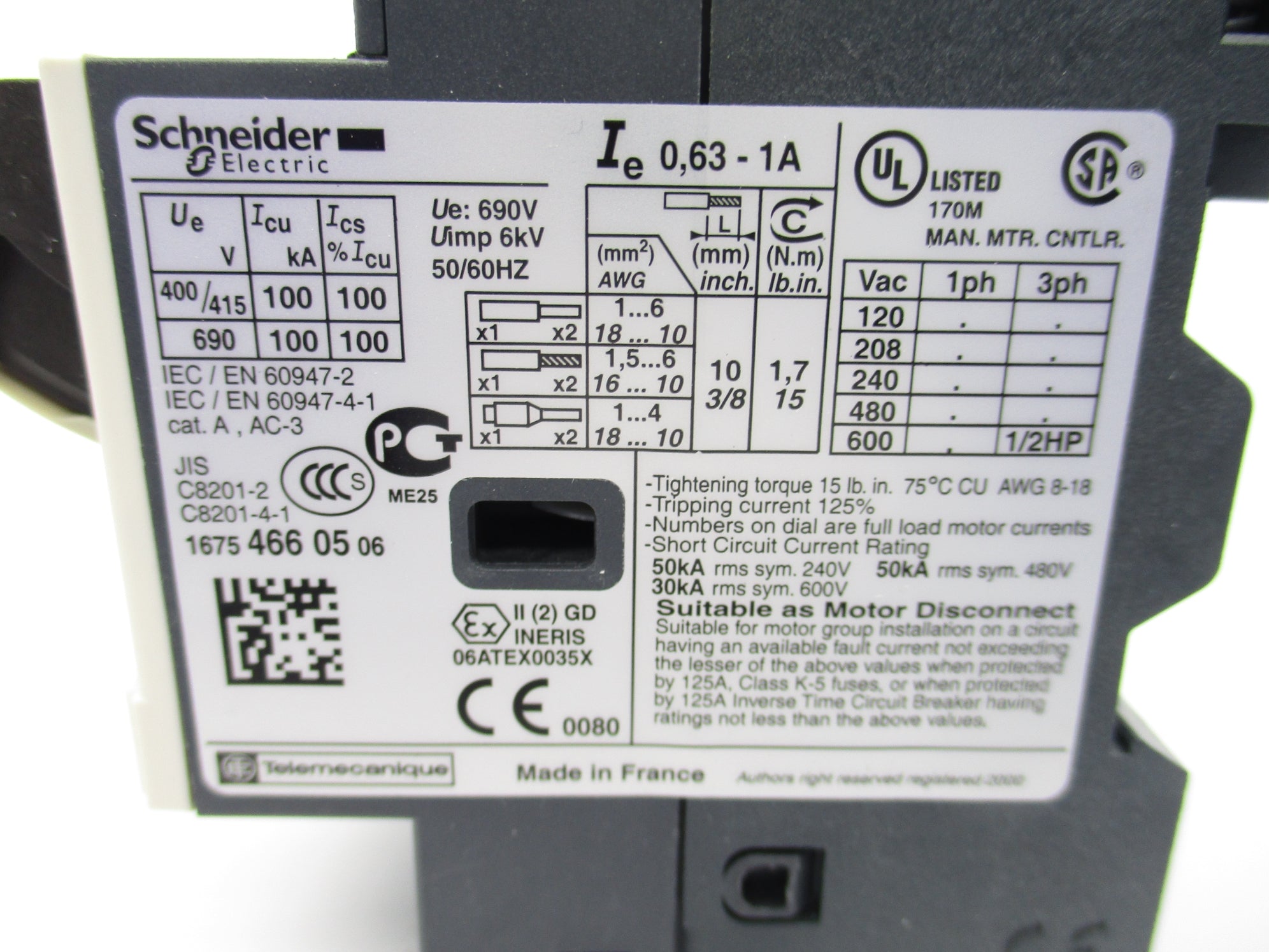 SCHNEIDER ELECTRIC GV2ME05 .63-1A NSMP