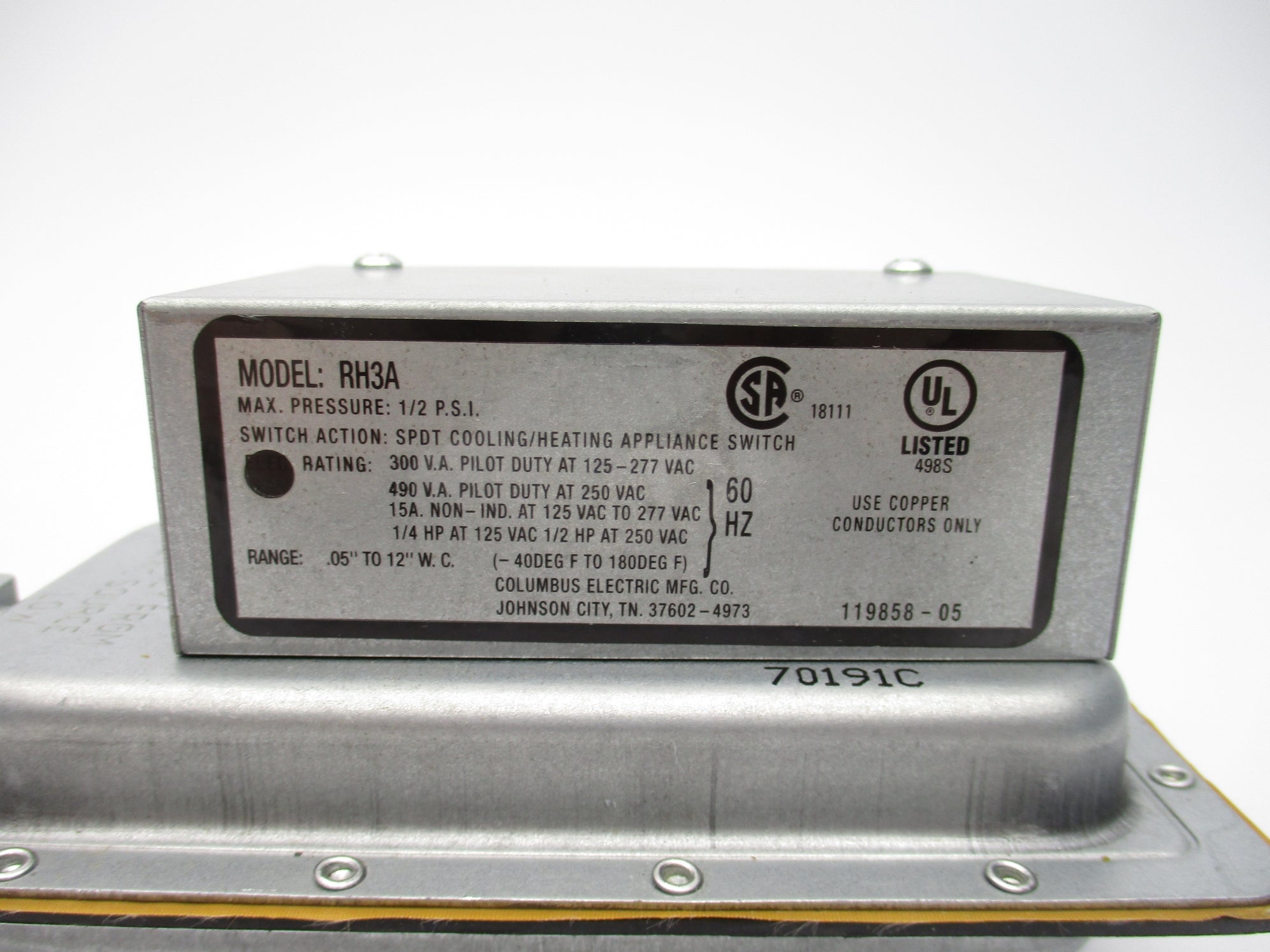 COLUMBUS ELECTRIC RH3A 125-277VAC 15A 1/2PSI NSNP