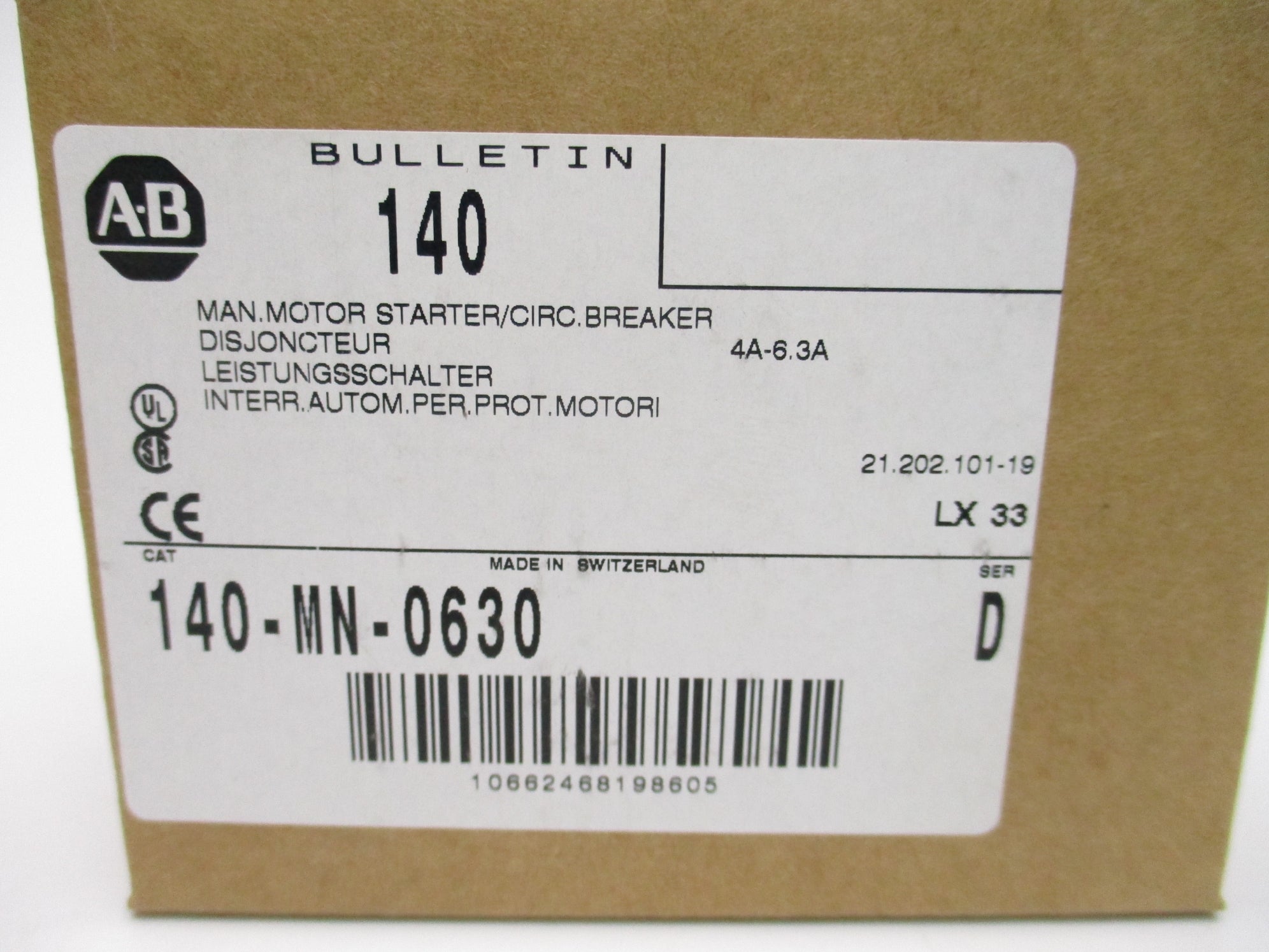ALLEN BRADLEY 140-MN-0630 SER. D 4-6.3A (BR/WH) NSMP