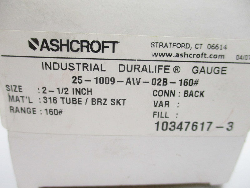 ASHCROFT 25-1009-AW-02B-160# 0-160PSI 2-1/2" NSMP