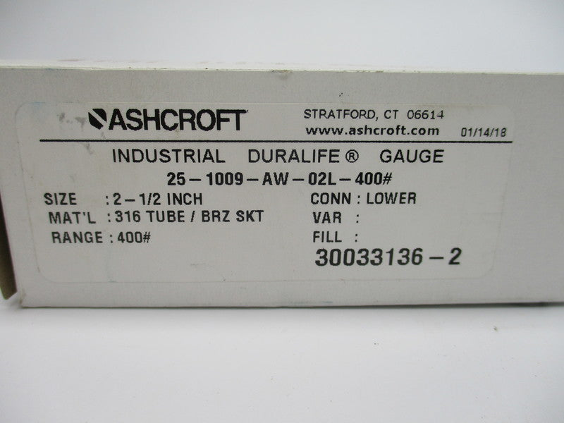 ASHCROFT 25-1009-AW-02L-400# 0-400PSI 2-1/2" NSMP