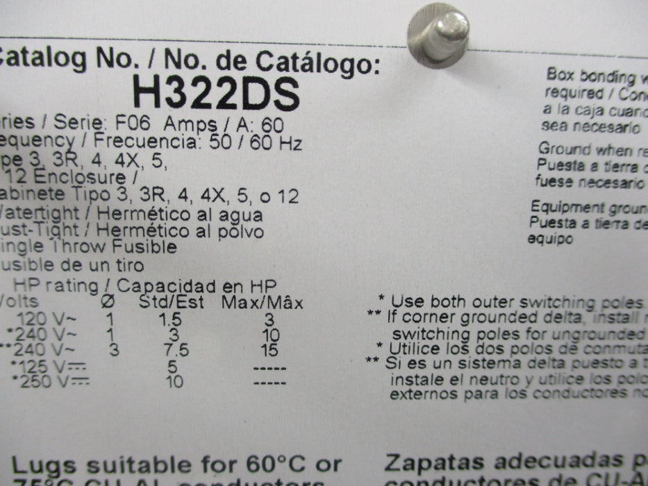 SQUARE D H322DS SER. F06 250V 60A NSNP