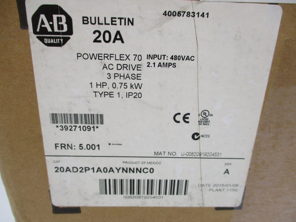 ALLEN BRADLEY 20AD2P1A0AYNNNC0 SER. A F/W 5.001 432-528VAC 2.4A NSMP
