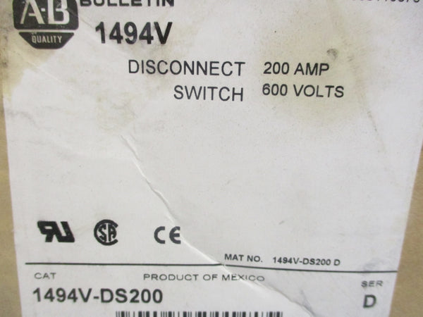 ALLEN BRADLEY 1494V-DS200 SER. D 600V 200A (BR/WH) NSMP