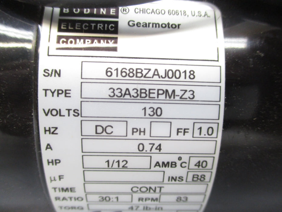 BODINE ELECTRIC 33A3BEPM-Z3 130VDC 0.74A NSNP