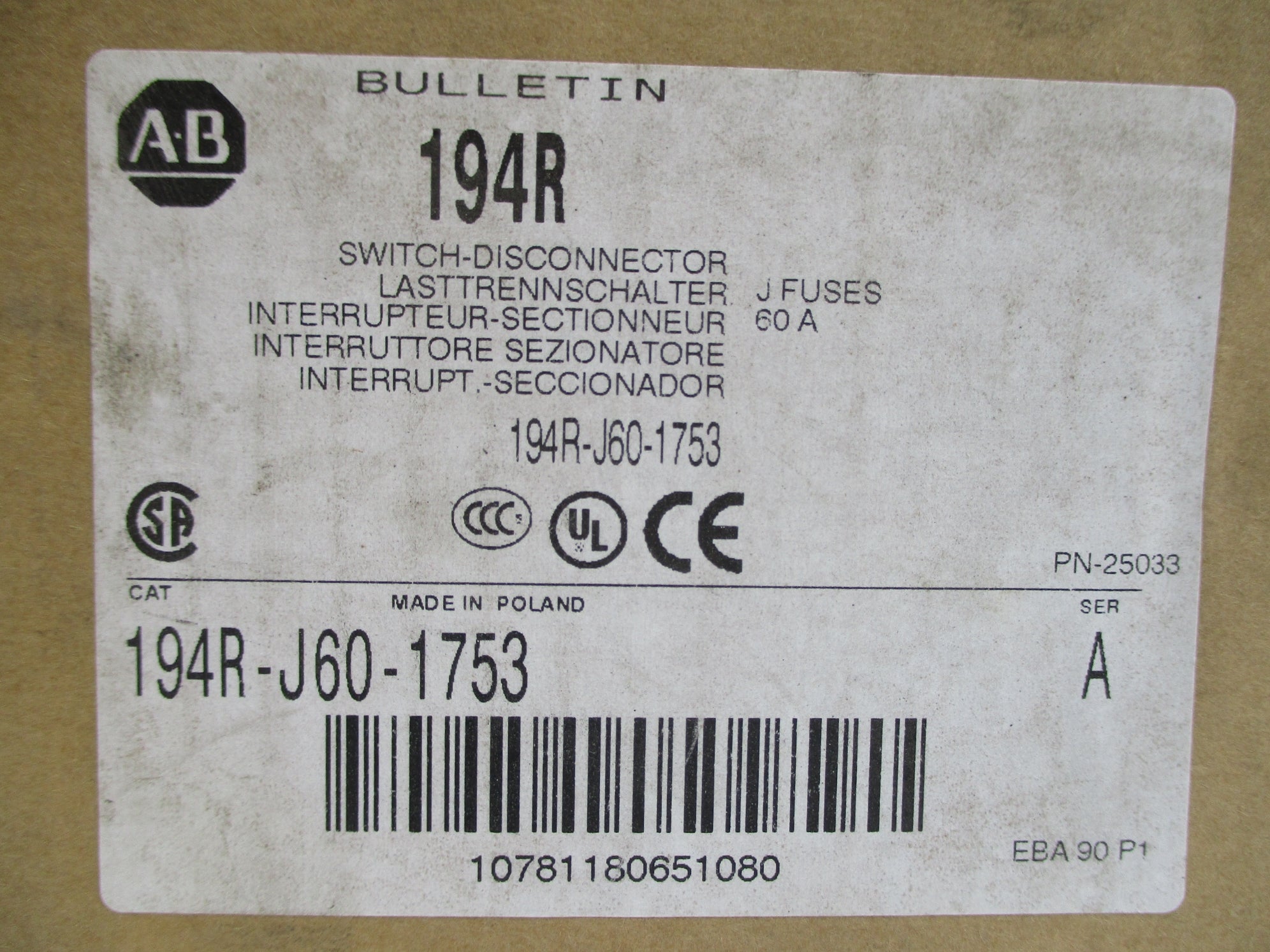 ALLEN BRADLEY 194R-J60-1753 SER. A (BR/WH) NSMP