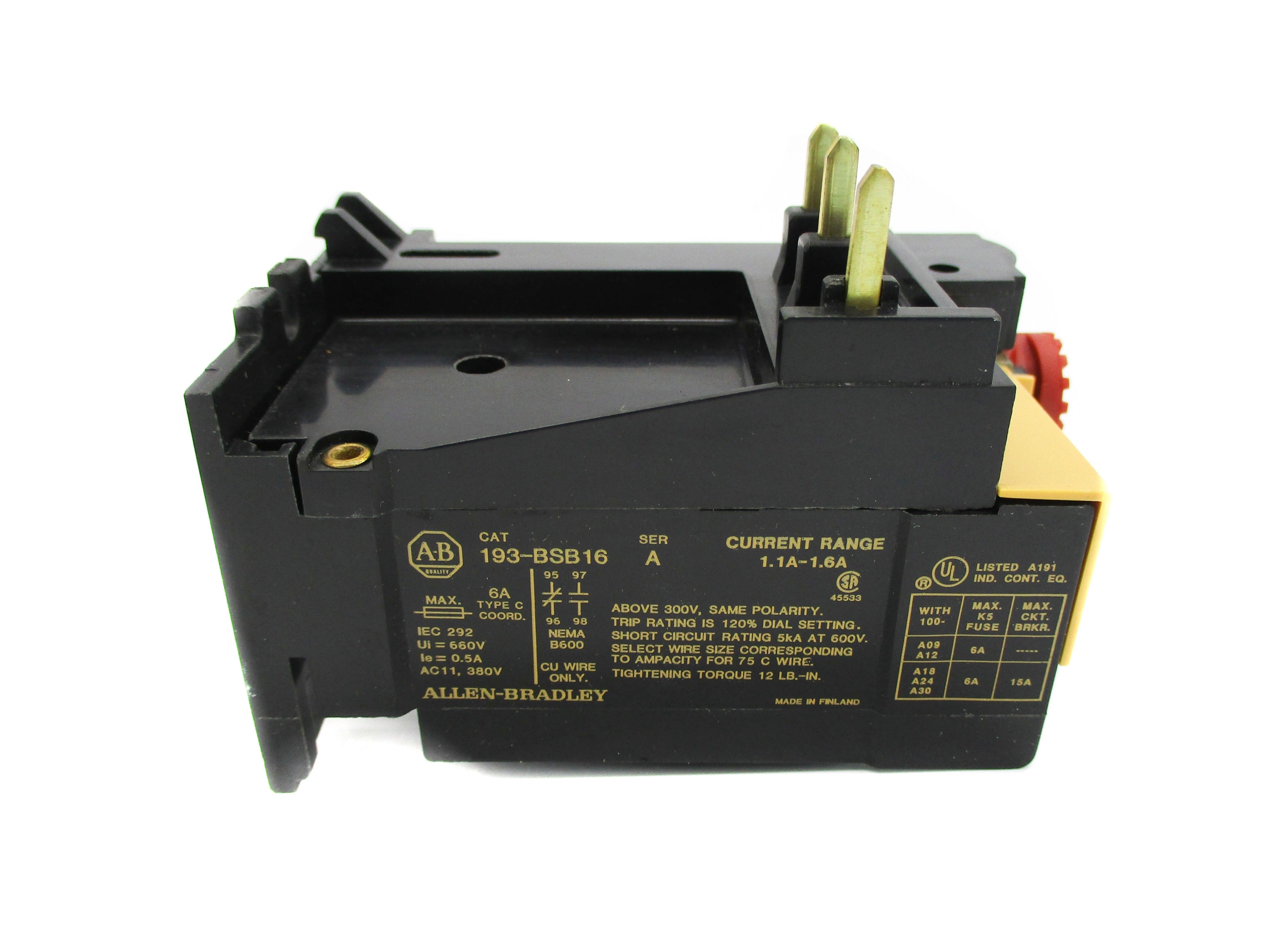 INDUSTRIAL SPARE PART 193-BSB16 SER. A 1.1-1.6A (BK/YL) NSMP