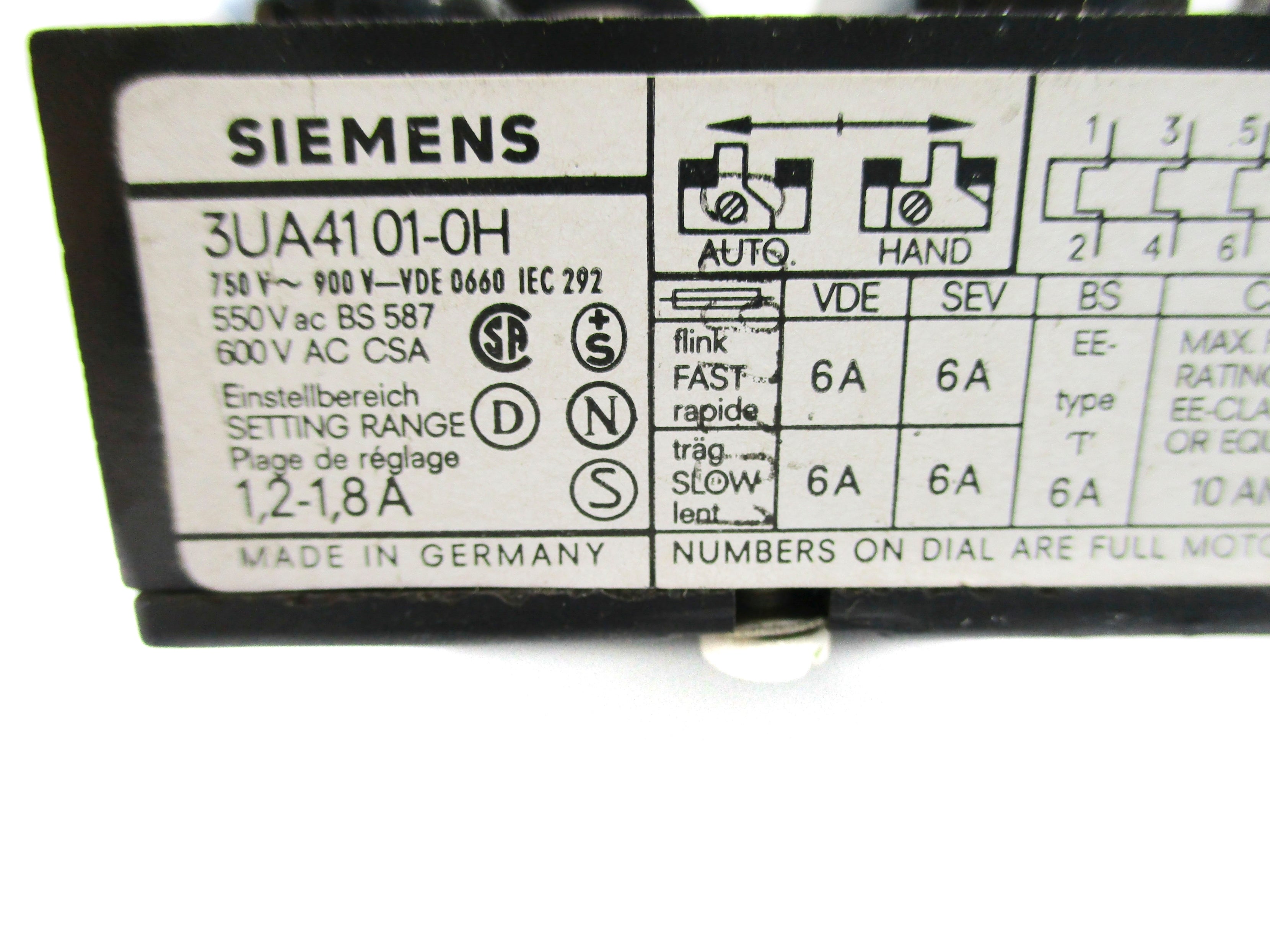 SIEMENS 3UA4101-0H 1.2-1.8A 600VAC UNMP