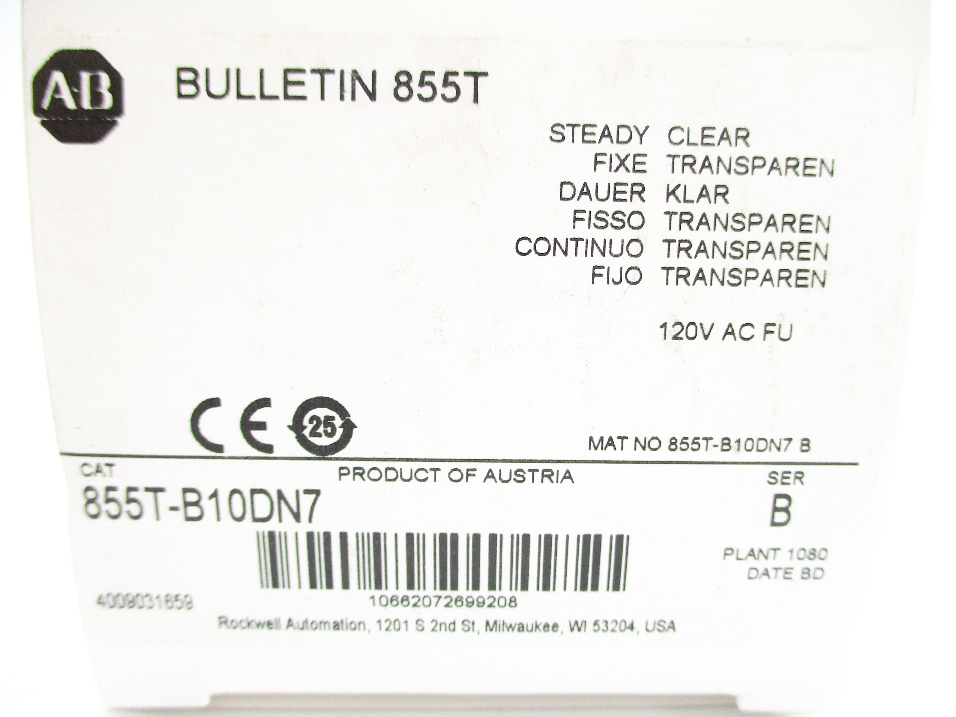 INDUSTRIAL SPARE PART 855T-B10DN7 SER. B 120VAC 0.058A (WH) NSMP