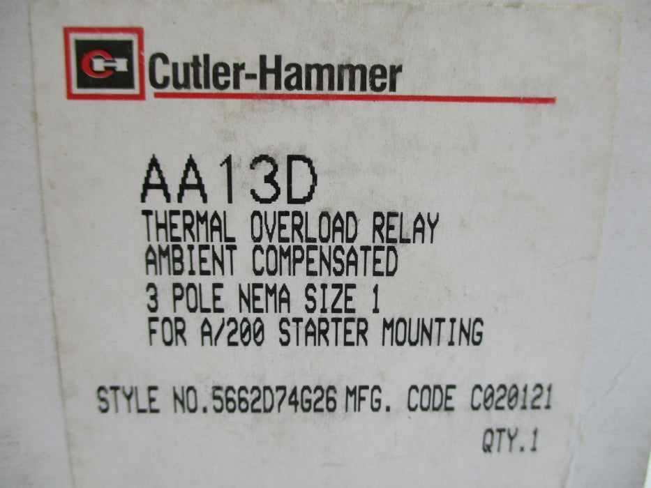 CUTLER HAMMER AA13D 5662D74G26 600VAC NSMP