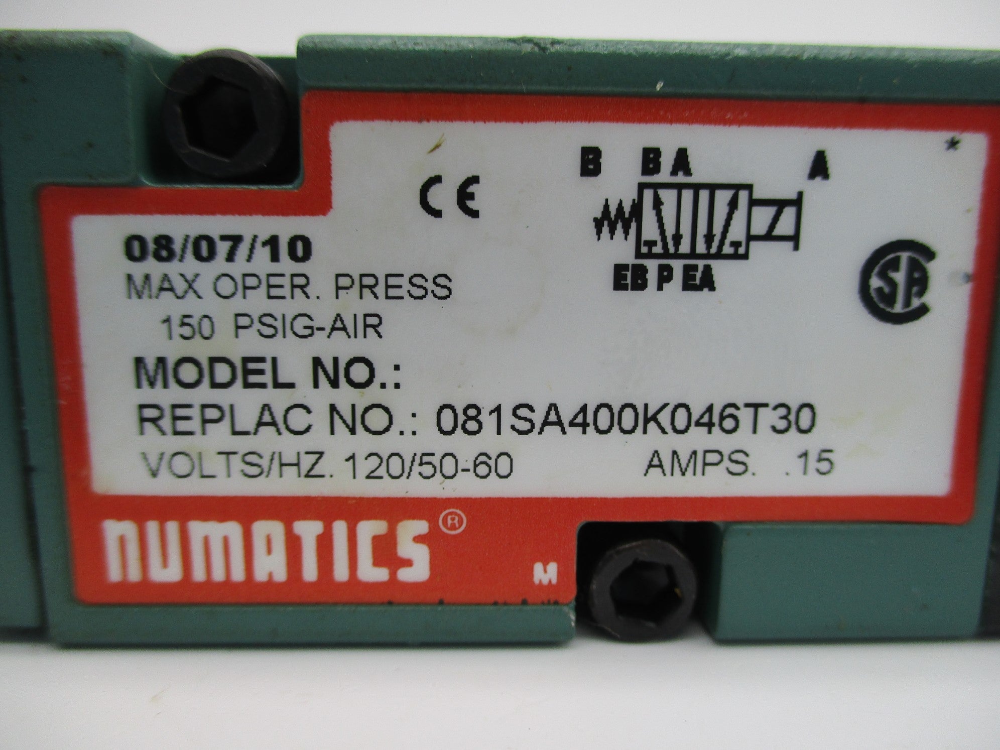 NUMATICS 081SA400K046T30 120V .15A 150PSI NSNP