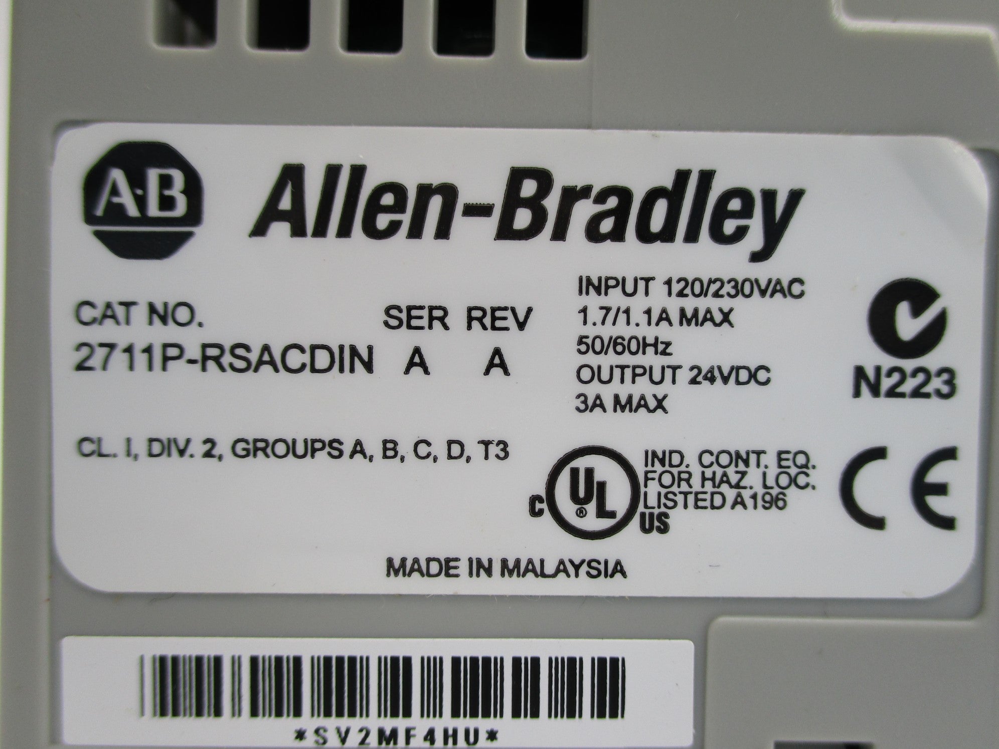 ALLEN BRADLEY 2711P-RSACDIN SER. A 120/230VAC 1.7/1.1A REV. A NSNP