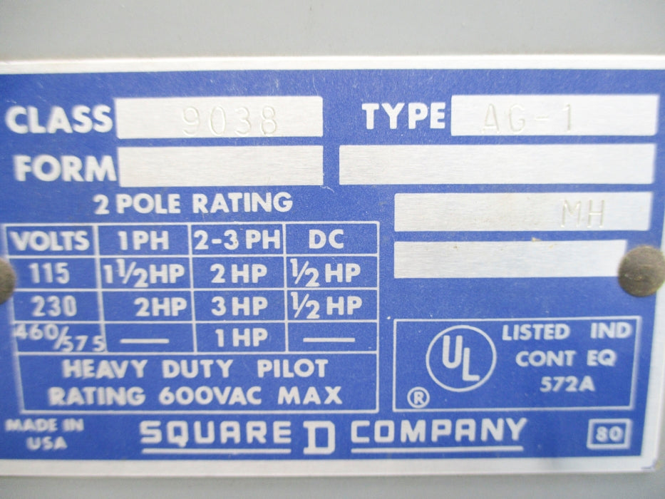 SQUARE D 9038AG1 600V UNMP