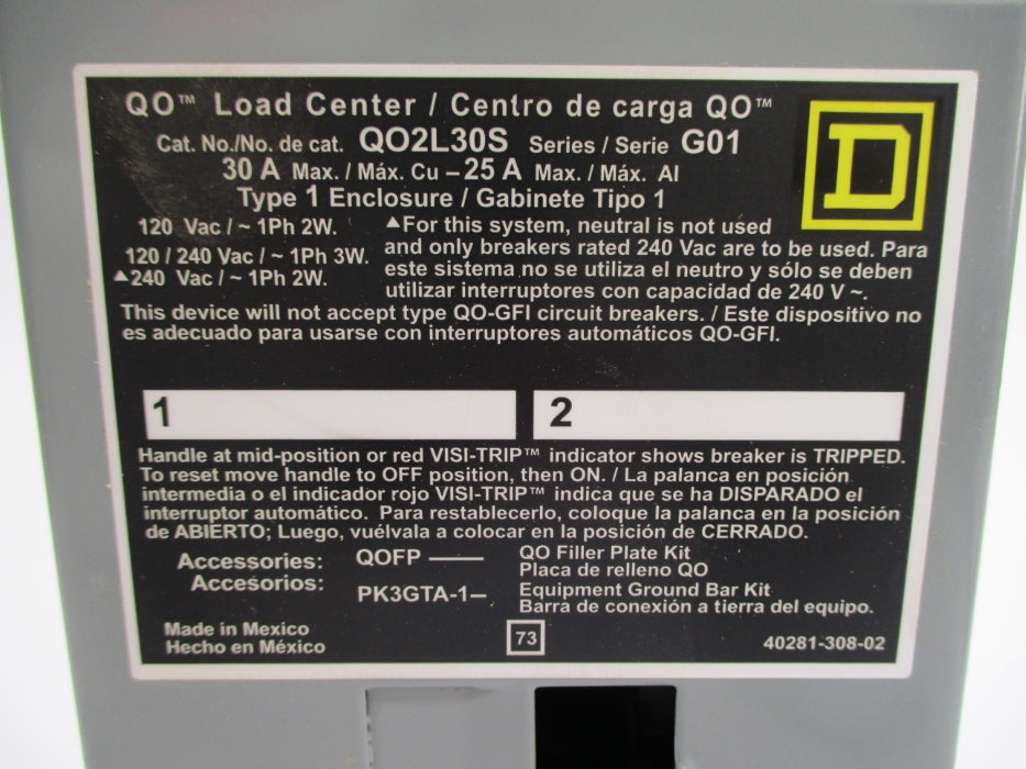 SQUARE D QO2L30S SER. G01 120/240VAC 30A UNMP