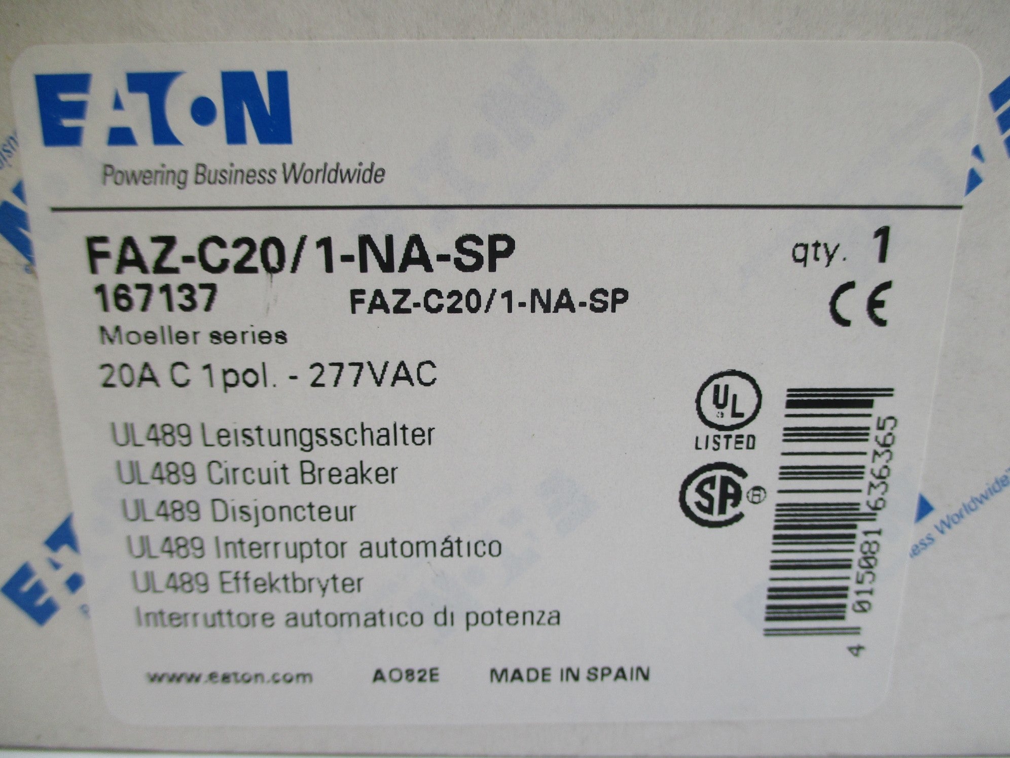 EATON FAZ-C20/1-NA-SP 277VAC 20A NSMP