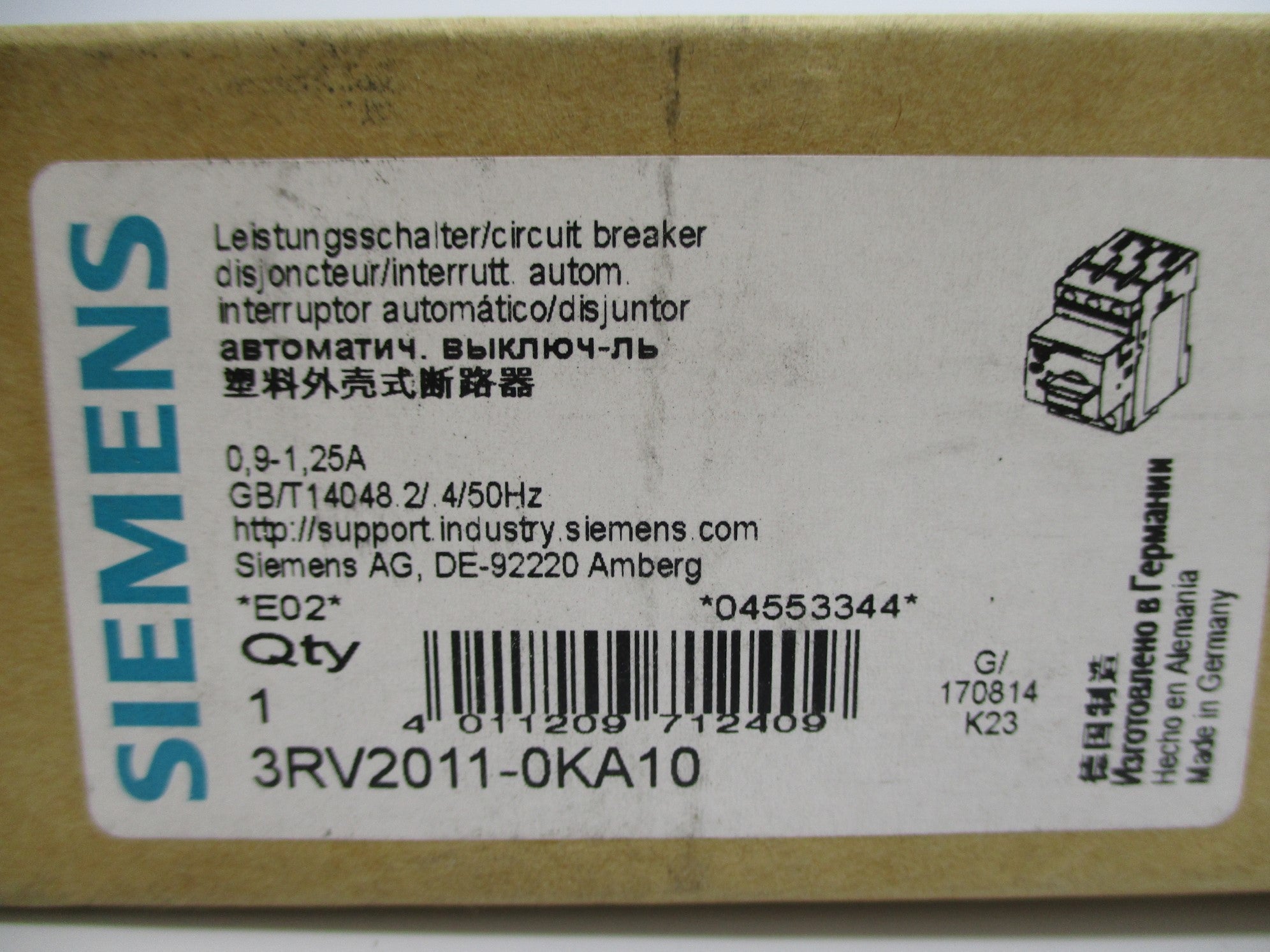 SIEMENS 3RV2011-0KA10 600V 0.9-1.25A NSMP