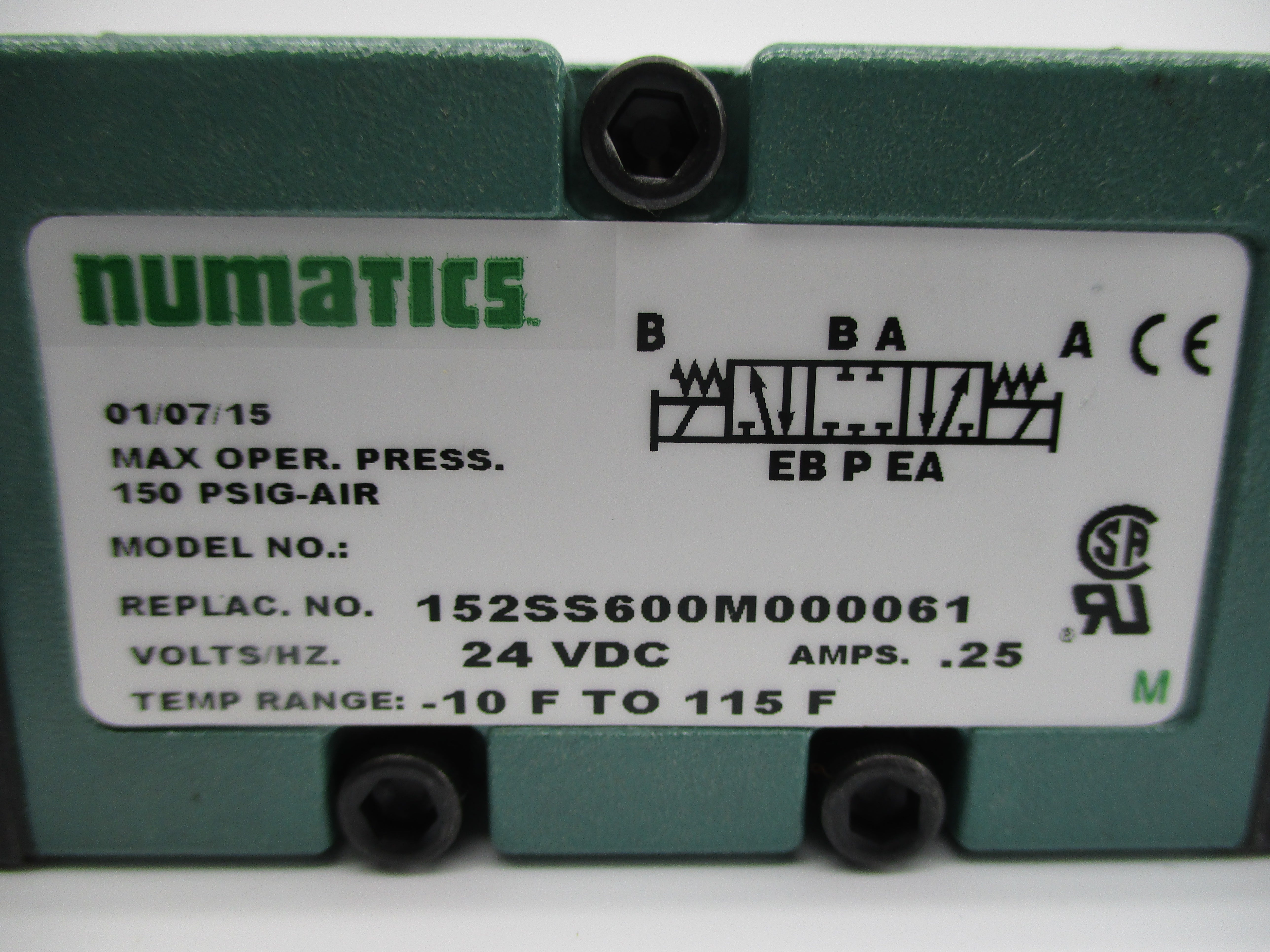 NUMATICS 152SS600M000061 24VDC .25A 150PSI -10-115'F NSNP