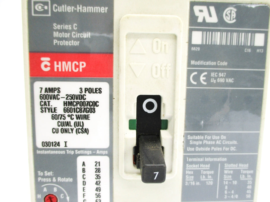 CUTLER HAMMER HMCP007C0C SER. C 600VAC 7A NSNP