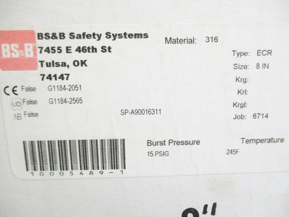 BS&B SAFETY SYSTEMS SP-A90016311 15PSIG 245F NSMP