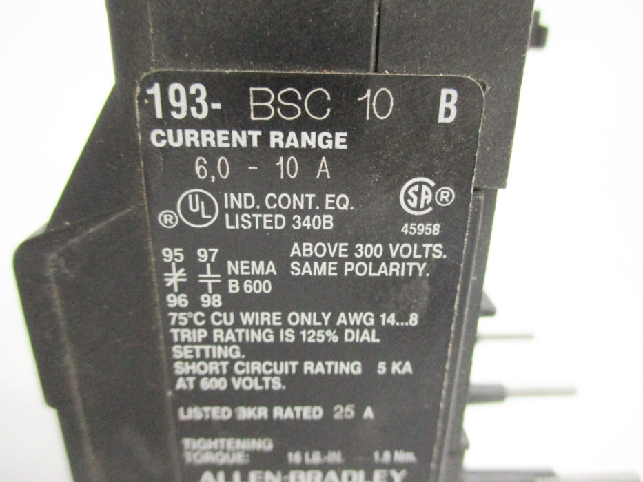 ALLEN BRADLEY 193-BSC10 SER. B 600V 6.0-10A UNMP