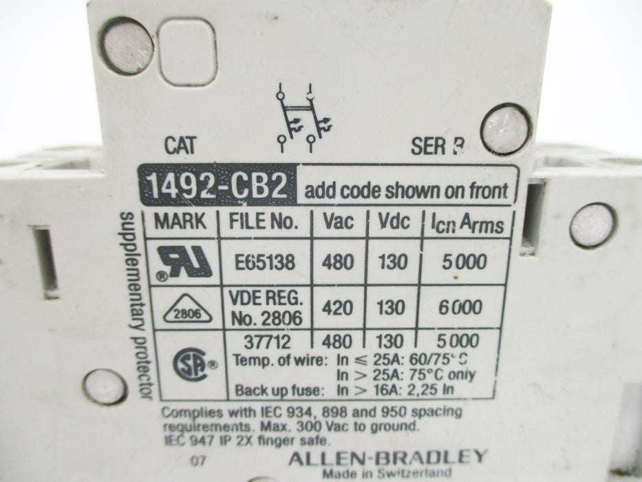 ALLEN BRADLEY 1492-CB2H020 SER. B 2A 480VAC UNMP