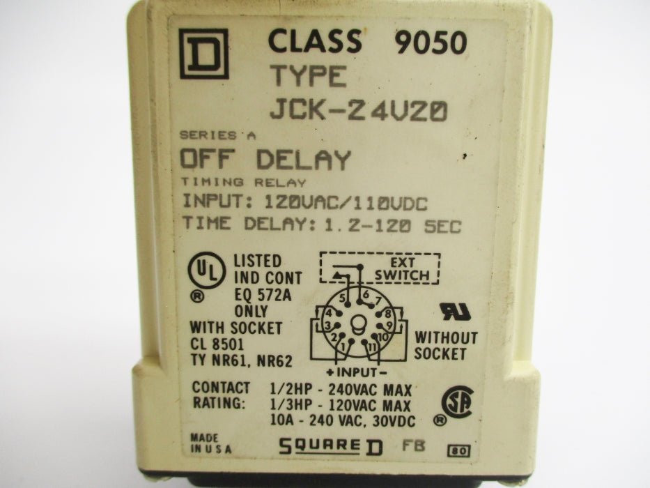 SQUARE D 9050JCK24V20 120VAC 10A 1.2-120S UNMP