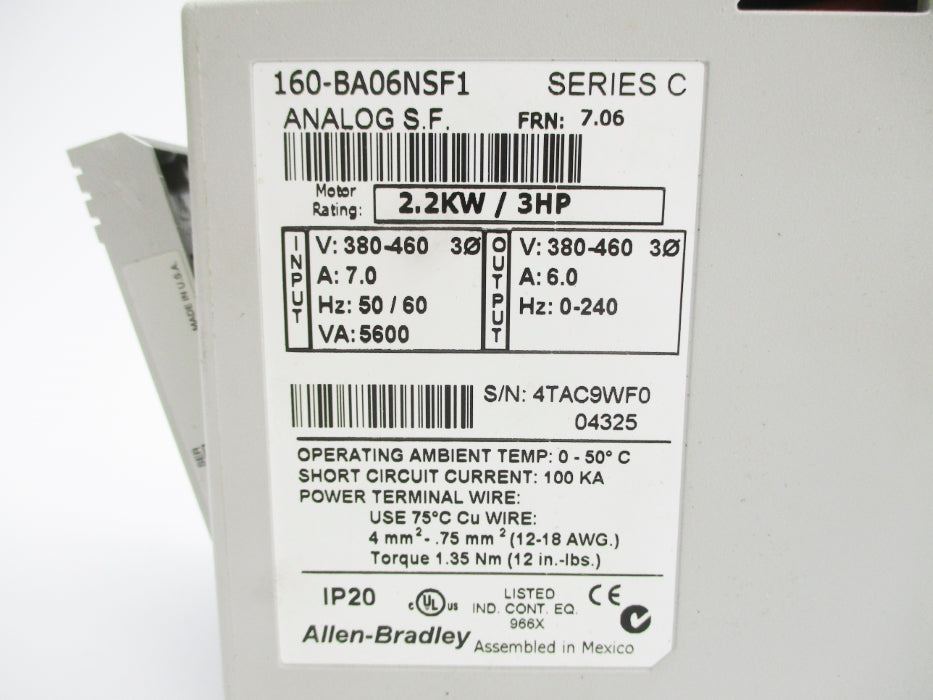 INDUSTRIAL SPARE PART 160-BA06NSF1 SER. C F/W 7.06 380-460V 7A NSNP