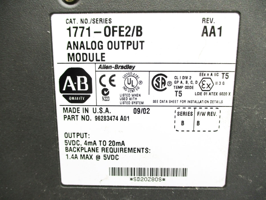 ALLEN BRADLEY 1771-OFE2 SER. B F/W B 5VDC 1.4A (NO TERMINAL)  UNMP