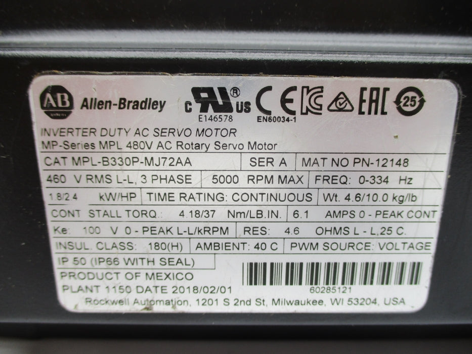 ALLEN BRADLEY MPL-B330P-MJ72AA SER. A 480VAC 6.1A NSMP
