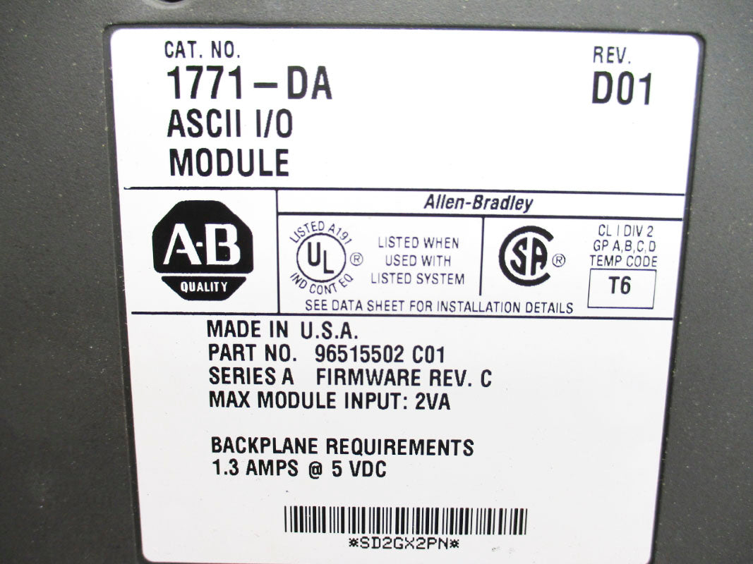 ALLEN BRADLEY 1771-DA SER. A F/W C 5VDC 1.3A UNMP