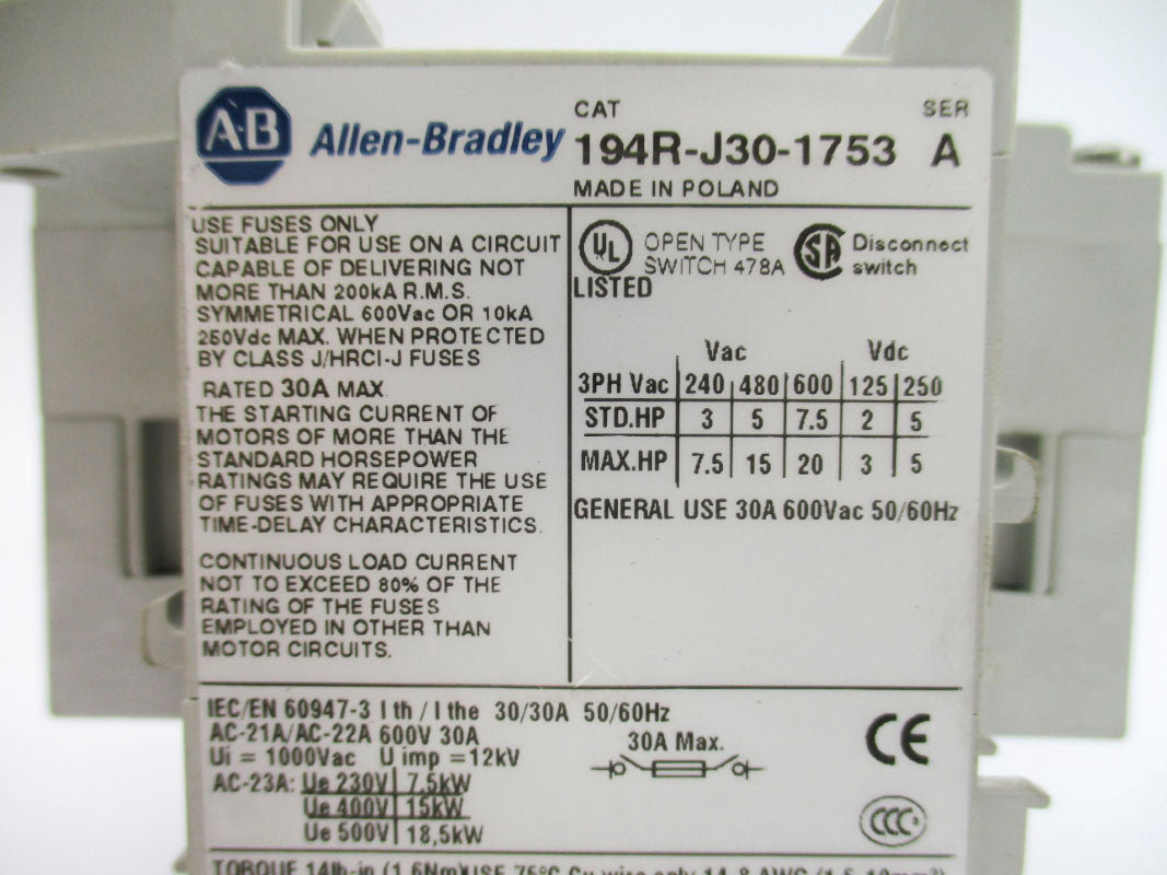 ALLEN BRADLEY 194R-J30-1753 SER. A 1000VAC 30A UNMP