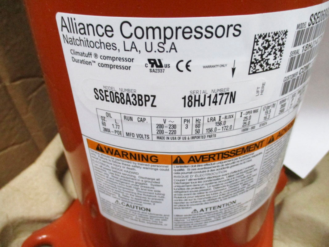 ALLIANCE COMPRESSORS ZR68KCE-TF5-803 SSE068A3BPZ 200/230V NSMP