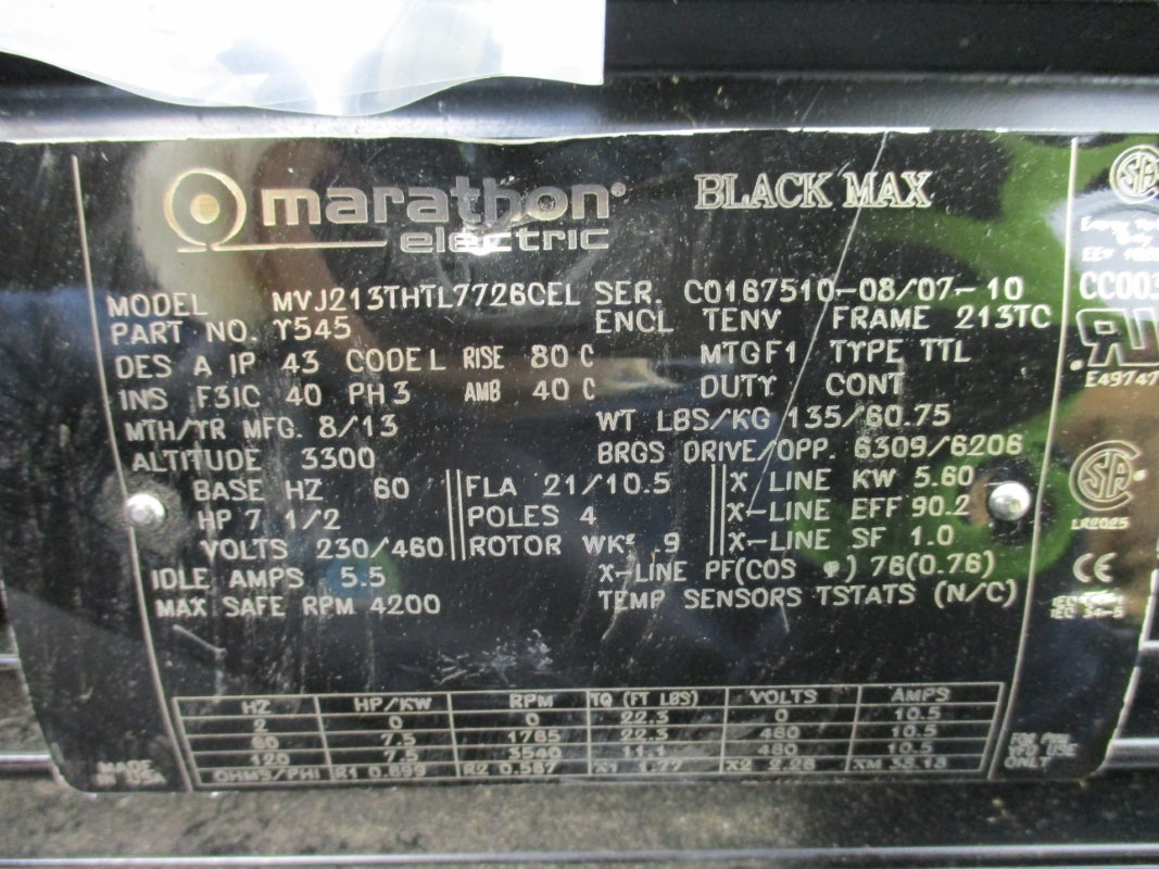 MARATHON 7.5 HP 213TC  MVJ213THTL7726CEL 230/460V 5.5A NSNP