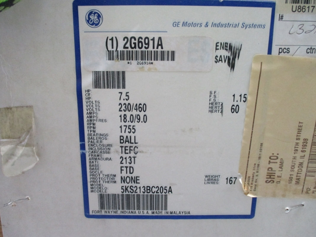 GENERAL ELECTRIC 2G691A 5KS213BC205A 7.5HP 213T  230/460V NSMP
