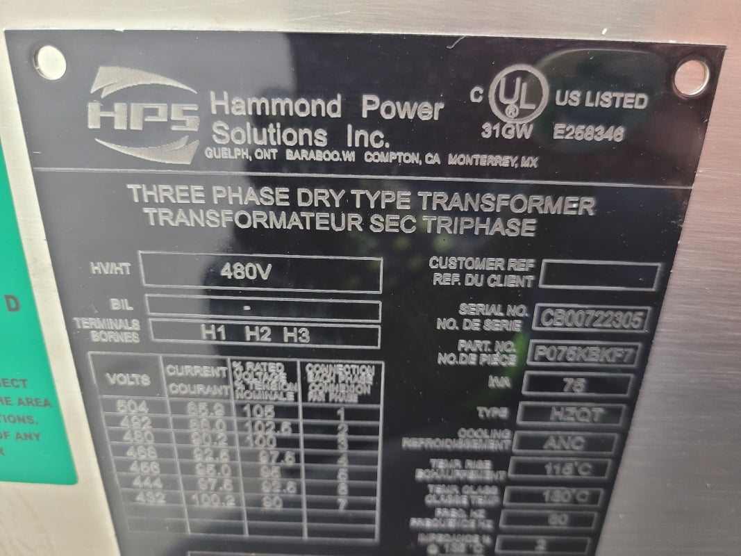 HAMMOND POWER SOLUTIONS P075KBKF7 480V 75KVA NSNP