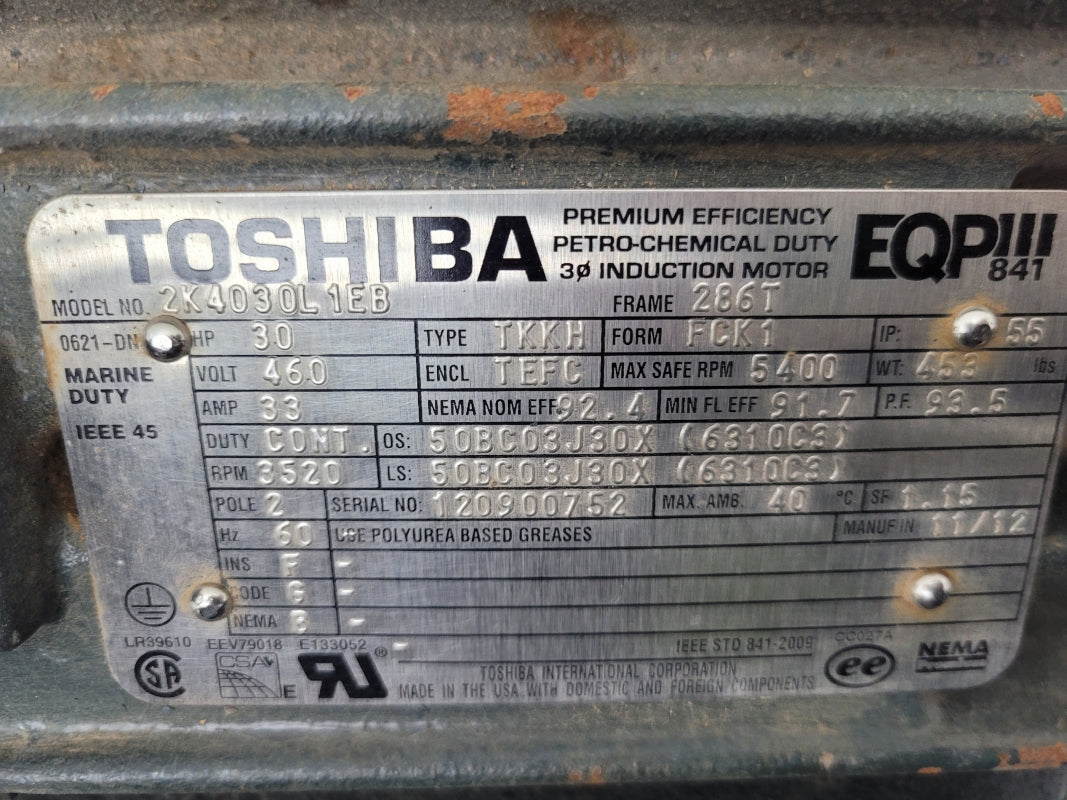 TOSHIBA 2K4030L1EB 30HP 286T FRAME 460V 33A NSNP