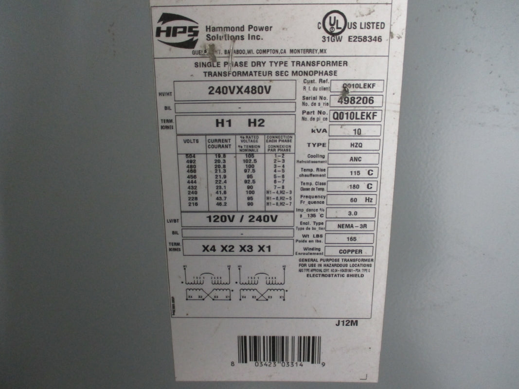 HAMMOND POWER SOLUTIONS Q010LEKF 10KVA 240/480V NSNP